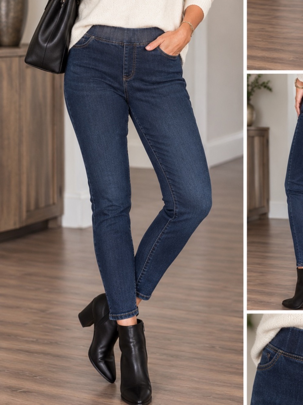 Size 12. W 17 “pull on elastic waist denim jeans dark wash fake front pockets